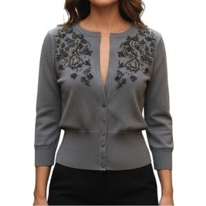 Talbots Classic Gray Silk Blend Plunging Floral Beaded Buttons Cardigan- NWT